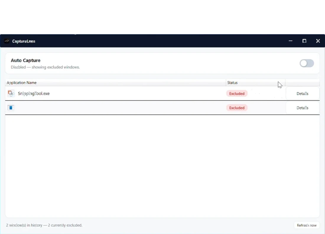 The CaptureLens window with Auto Capture off and apps listed as Excluded